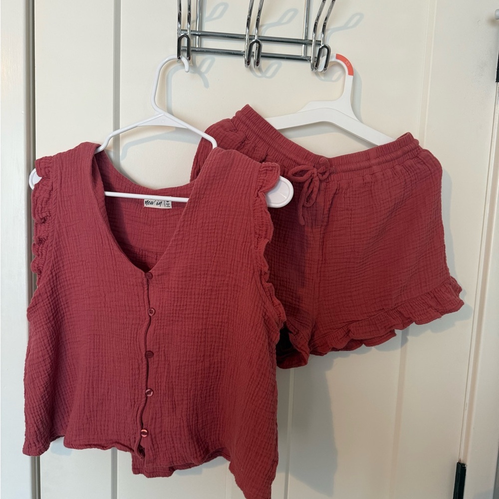 Pink Ruffled Button-Up Top and Shorts Set